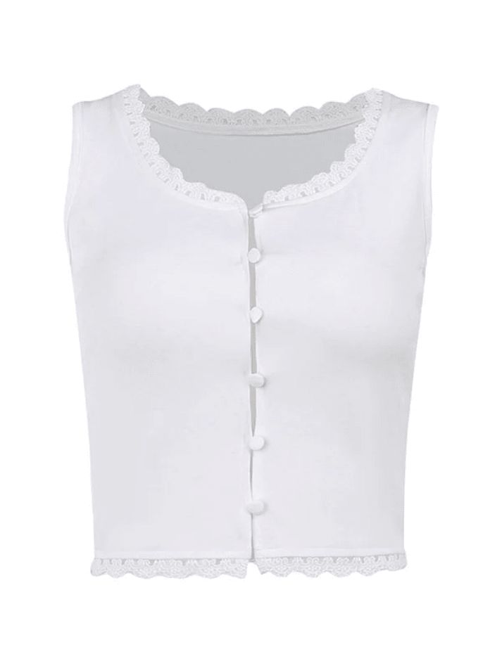 White Lace Trim Button Front Tank Top sold by Streetwear Society product image thumbnail 4