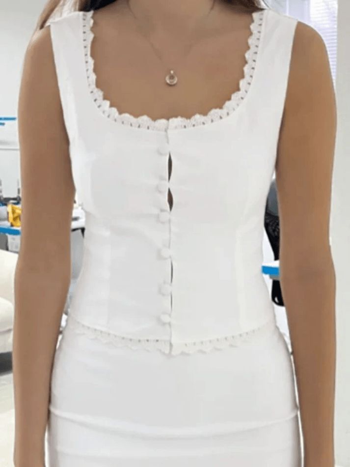 White Lace Trim Button Front Tank Top sold by Streetwear Society product image thumbnail 3
