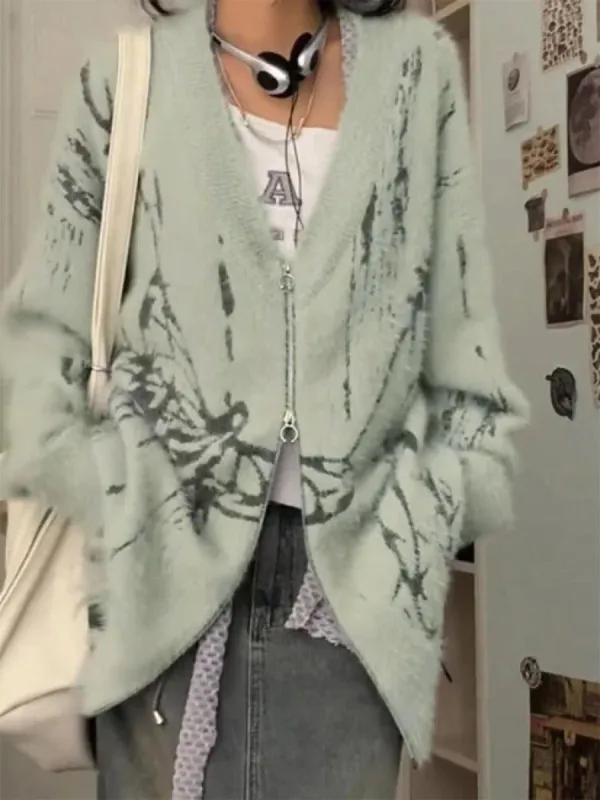 Print V-Neck Zip up Loose Cardigan sold by Streetwear Society