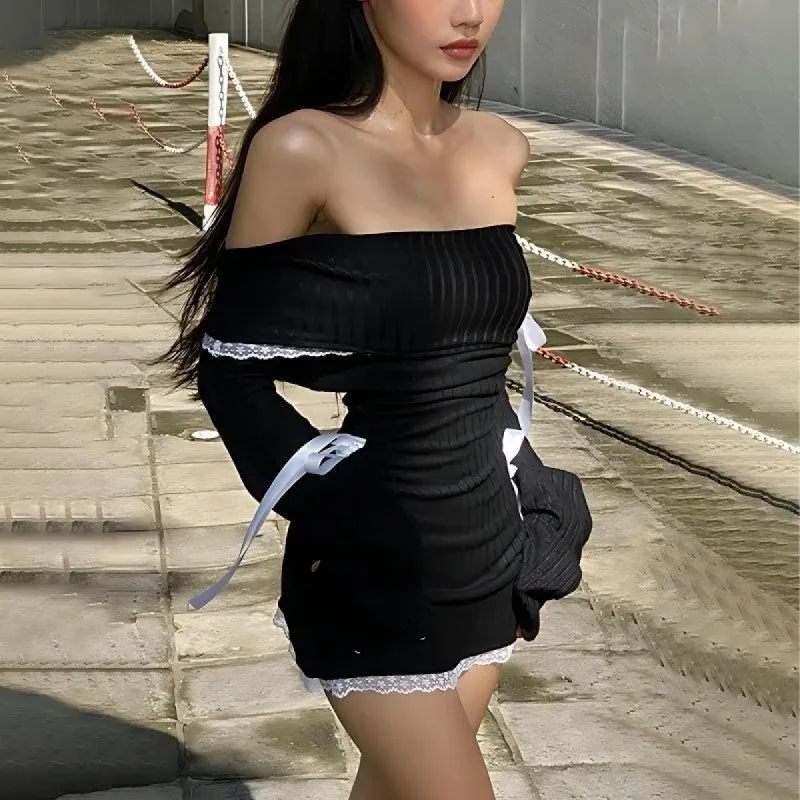 Y2K Corduroy Off Shoulder Bow Mini Dress sold by Streetwear Society