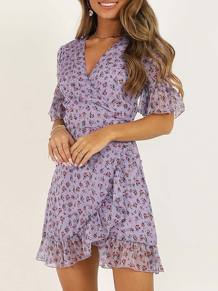 Floral Print Wrap Chiffon Mini Dress sold by Streetwear Society