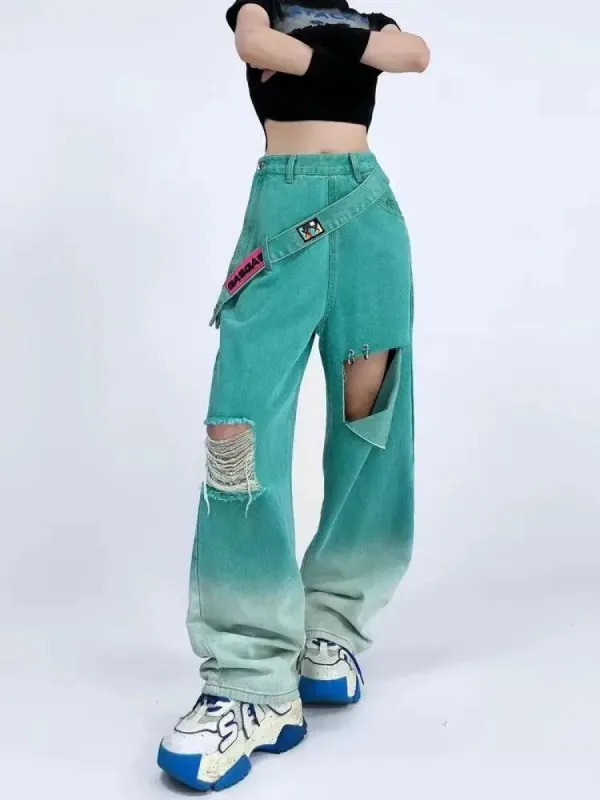 Ripped Denim Strap Baggy Jeans sold by Streetwear Society