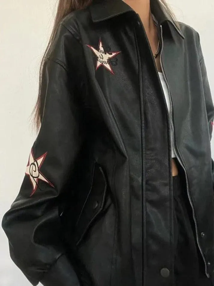 Vintage Embroidery Lapel Neck Leather Jacket sold by Streetwear Society