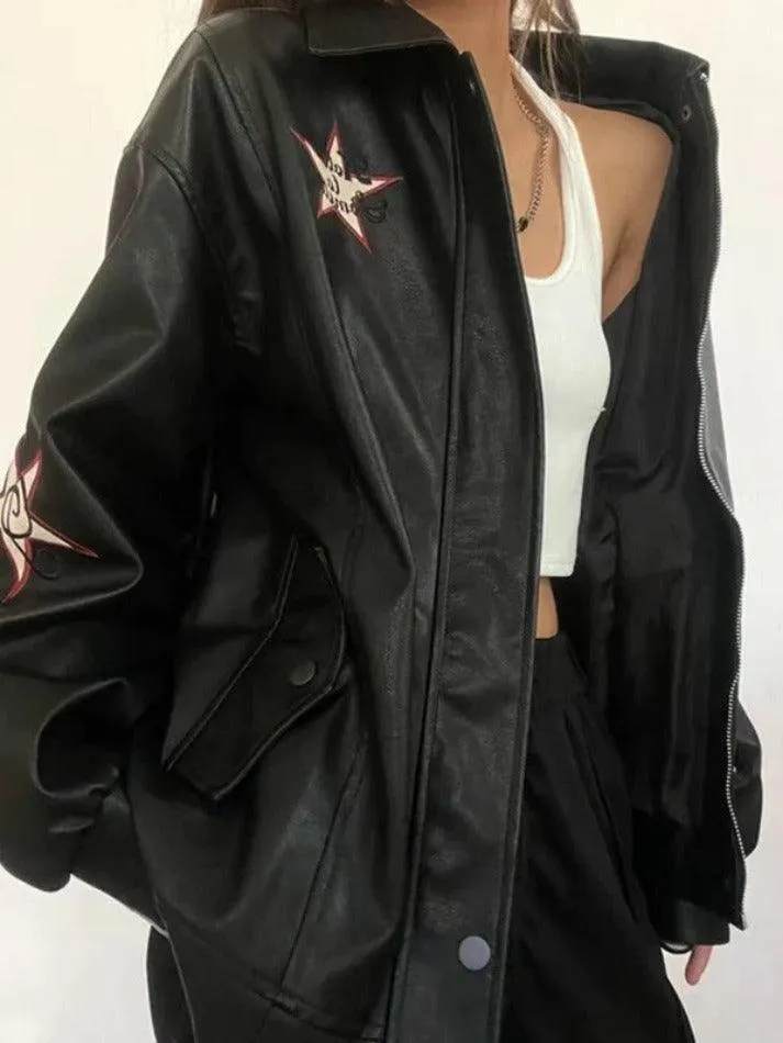 Vintage Embroidery Lapel Neck Leather Jacket sold by Streetwear Society product image thumbnail 3