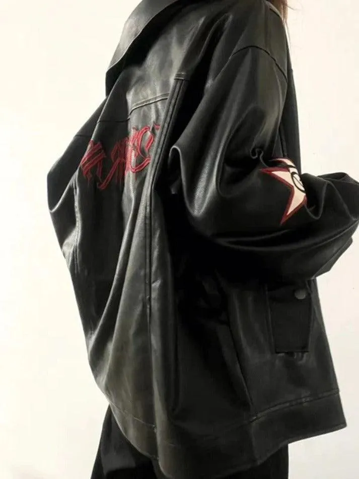 Vintage Embroidery Lapel Neck Leather Jacket sold by Streetwear Society product image thumbnail 2