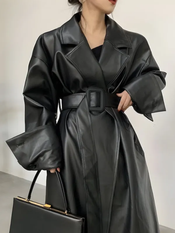 Belted Faux Leather Coat sold by Streetwear Society