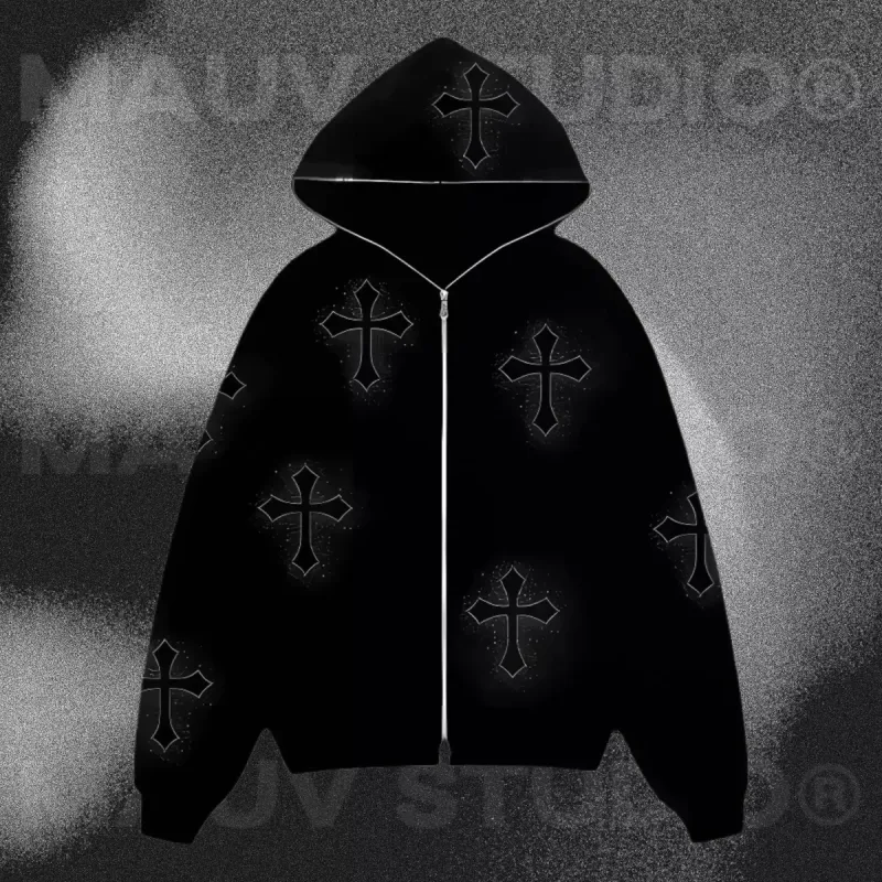 Zip-Up Hoodie with Rhinestone Crosses sold by Streetwear Society