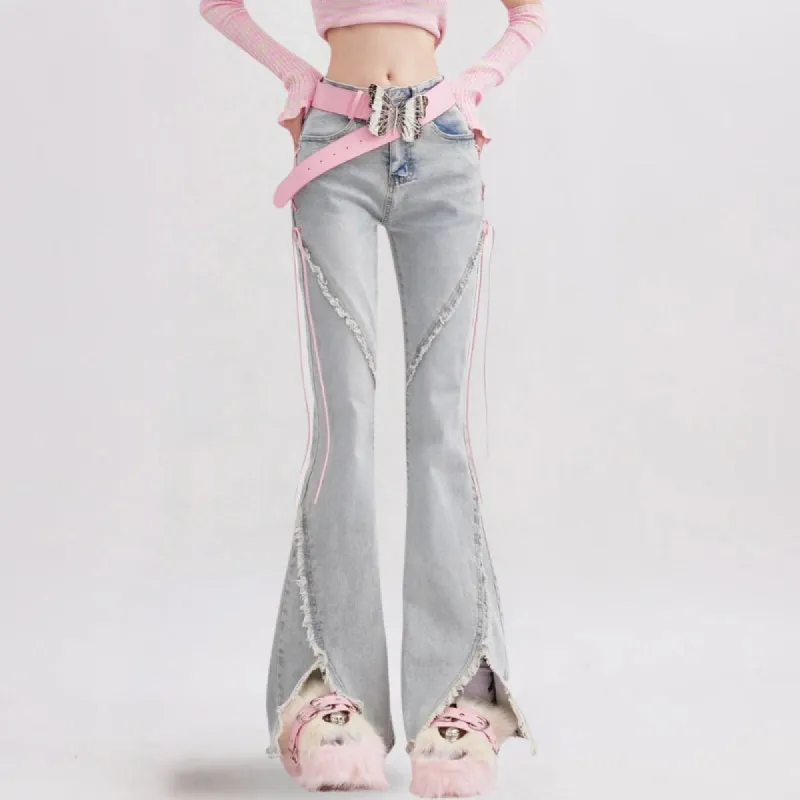Soft Girl Lace Up Slit Flare Jeans sold by Streetwear Society