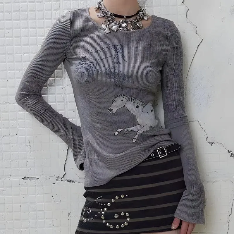 Y2K Grunge White Horse Ribbed Top sold by Streetwear Society product image thumbnail 4