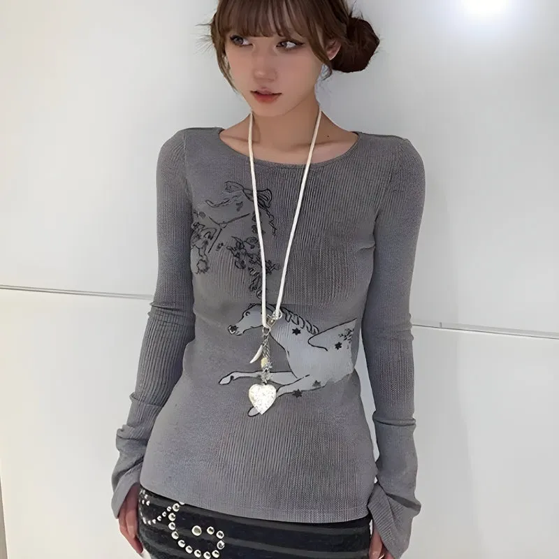 Y2K Grunge White Horse Ribbed Top sold by Streetwear Society product image thumbnail 2