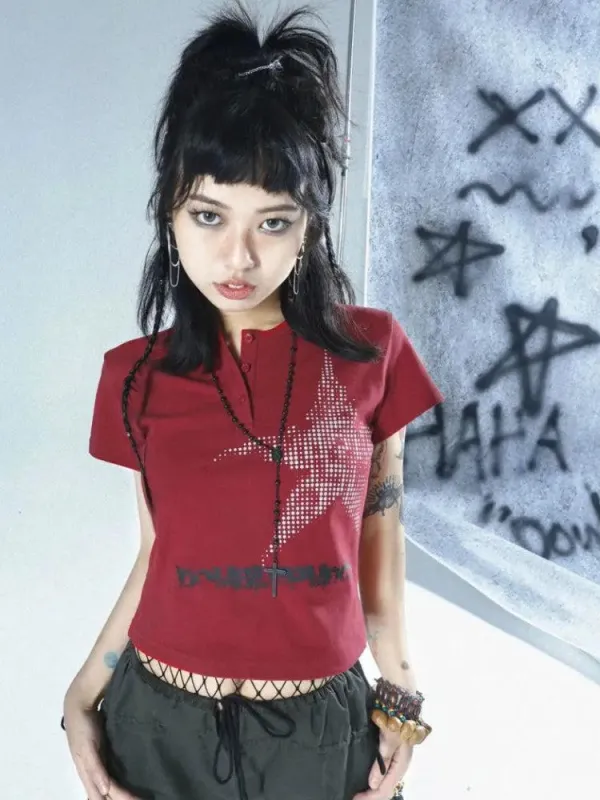 Grunge Y2K Star Button-Up Tee sold by Streetwear Society