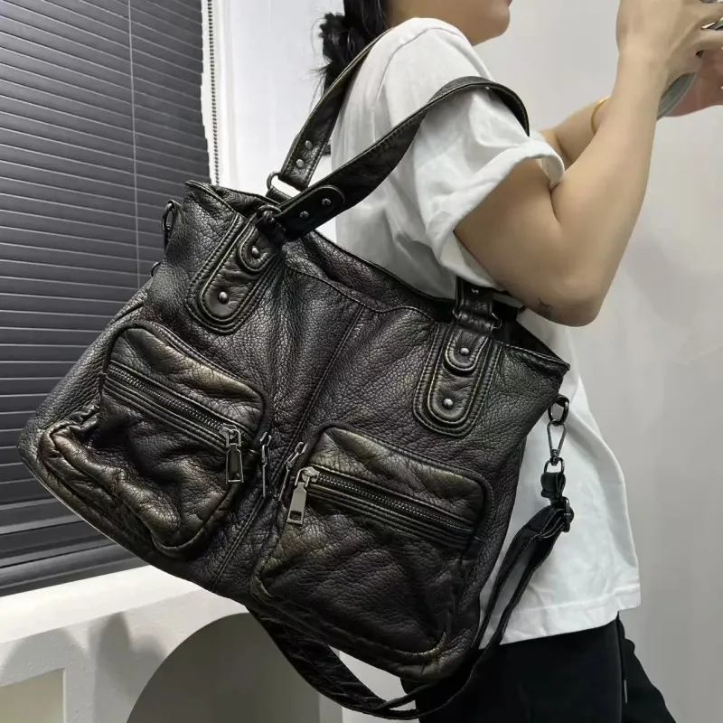 Y2K Vintage Moto Multi-Pocket Faux Leather Shoulder Bag sold by Streetwear Society