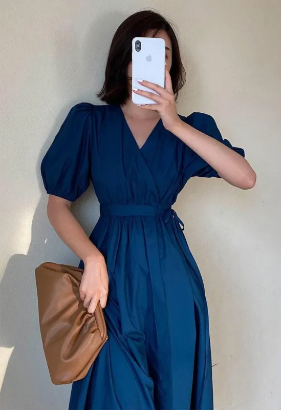 Puff Sleeve Wrap Midi Dress sold by Streetwear Society