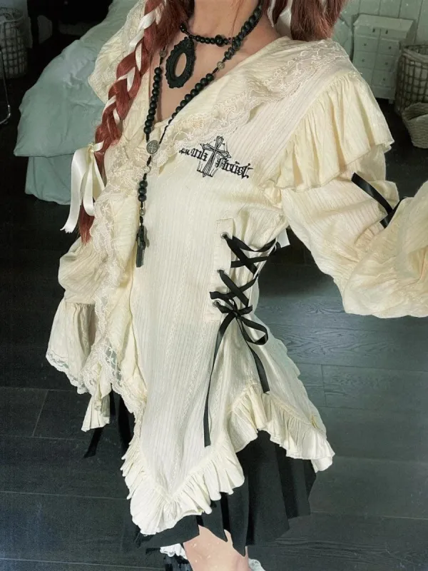 Fairy Grunge Ruffled Lace Up Top sold by Streetwear Society