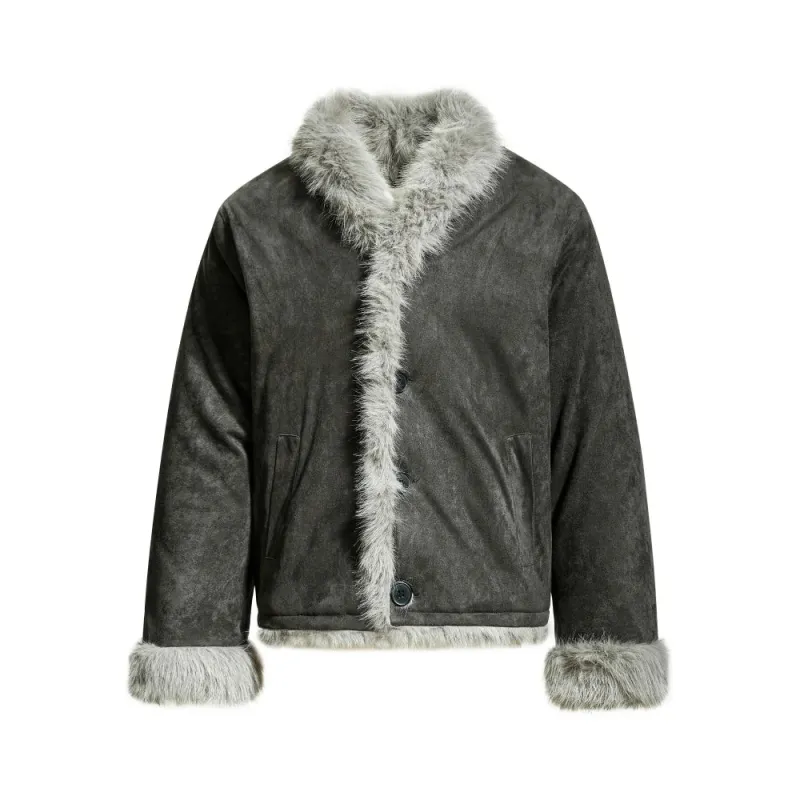 Y2K Faux Suede Jacket with Fur Trim sold by Streetwear Society