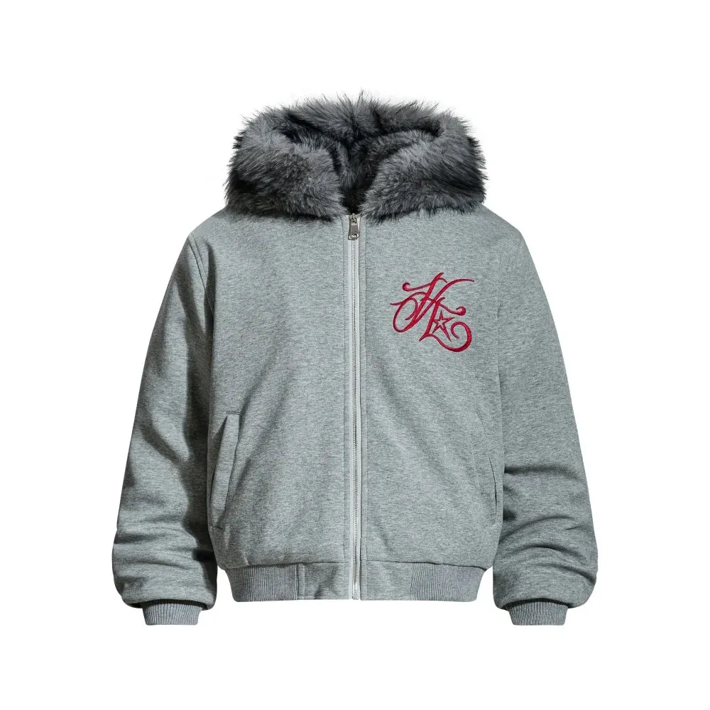 Y2K Faux Fur Hooded Letter Embroidery Jacket sold by Streetwear Society