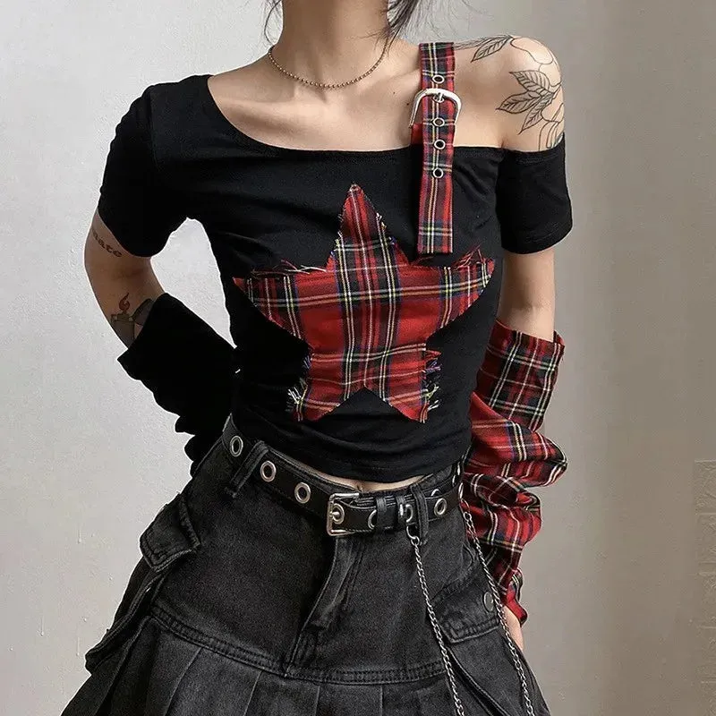 Grunge Plaid Star Patch Top sold by Streetwear Society product image thumbnail 4