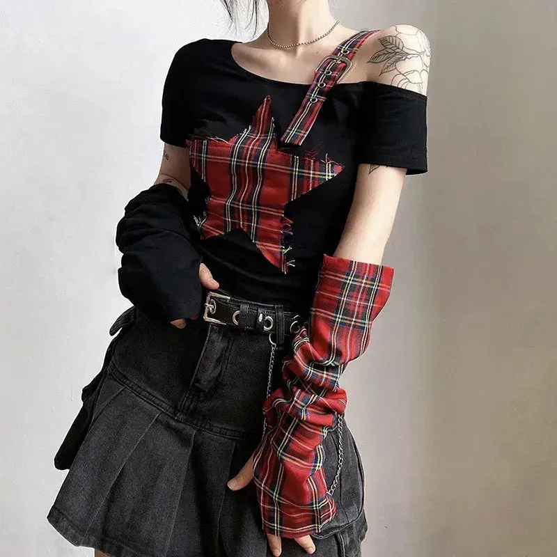 Grunge Plaid Star Patch Top sold by Streetwear Society