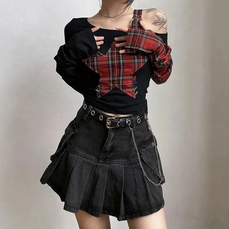 Grunge Plaid Star Patch Top sold by Streetwear Society product image thumbnail 3