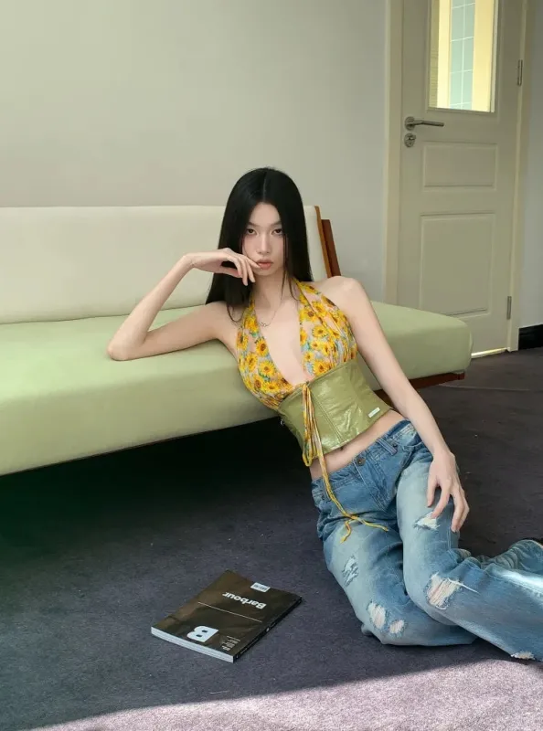 Floral Tie Front Halter Crop Top made by Streetwear Society