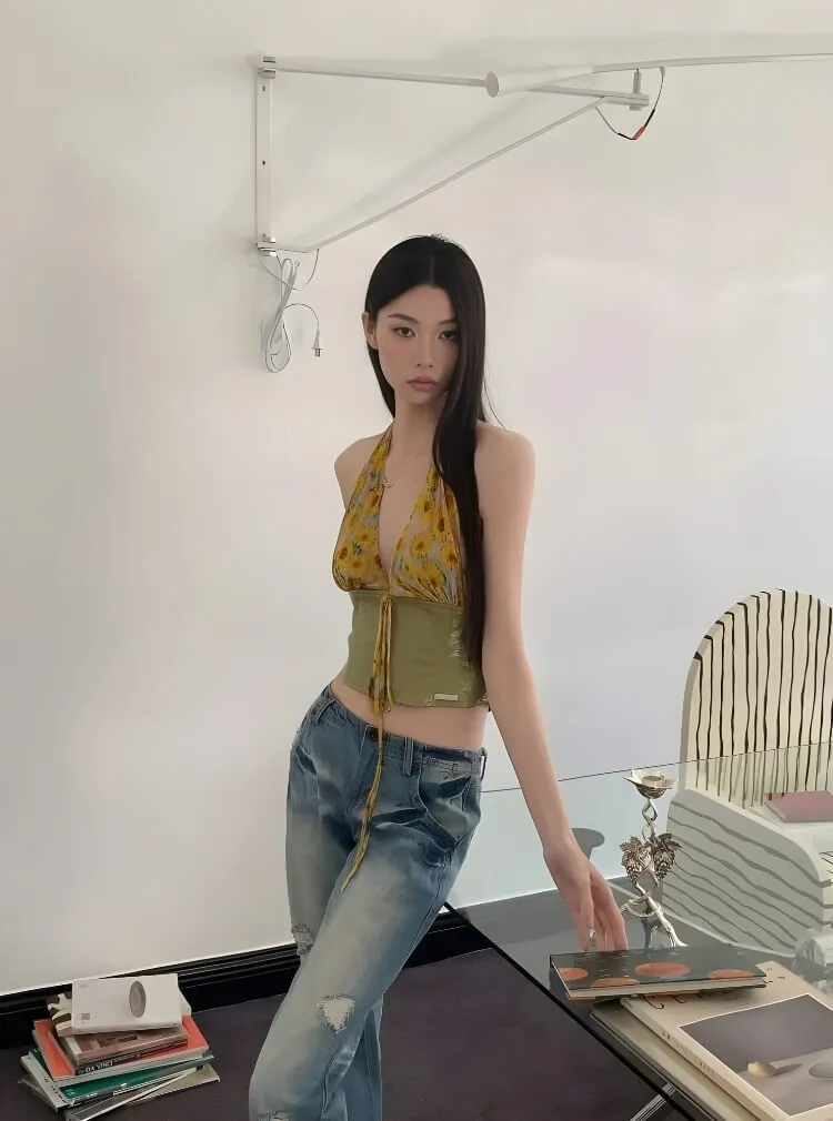 Y2K Floral Tie Front Halter Crop Top sold by Streetwear Society product image thumbnail 4