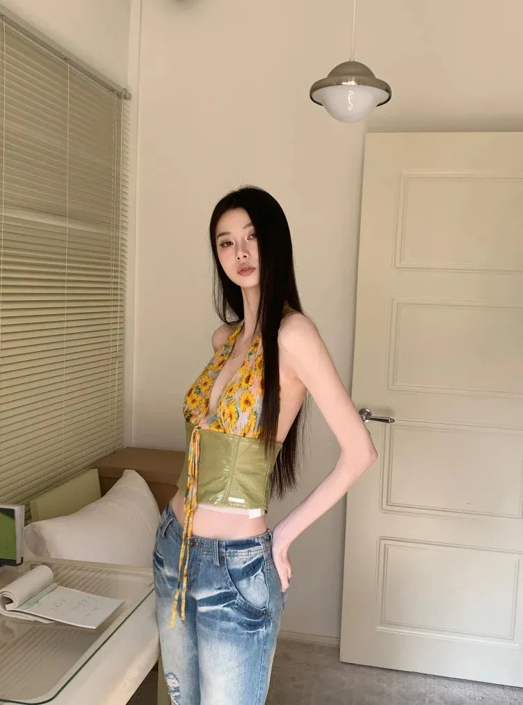 Y2K Floral Tie Front Halter Crop Top sold by Streetwear Society product image thumbnail 5