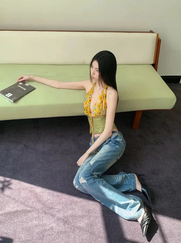 Y2K Floral Tie Front Halter Crop Top sold by Streetwear Society product image thumbnail 2