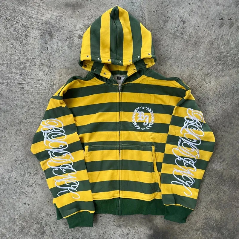 Y2K Stripe Rivet Embroidery Zip Up Hoodie sold by Streetwear Society