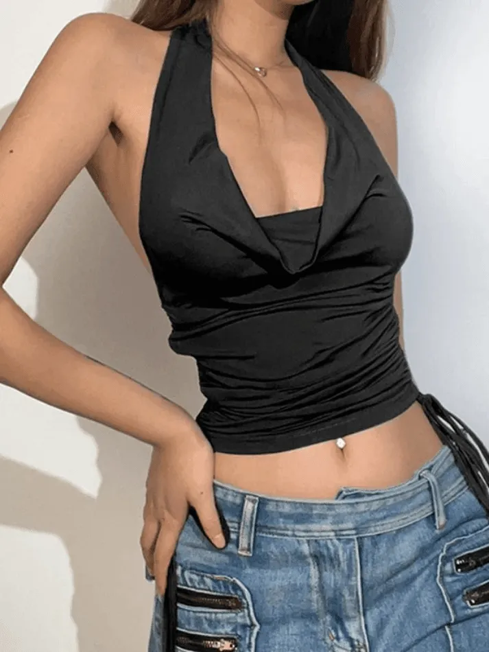 Side Tie Ruched Halter Cropped Tank Top sold by Streetwear Society