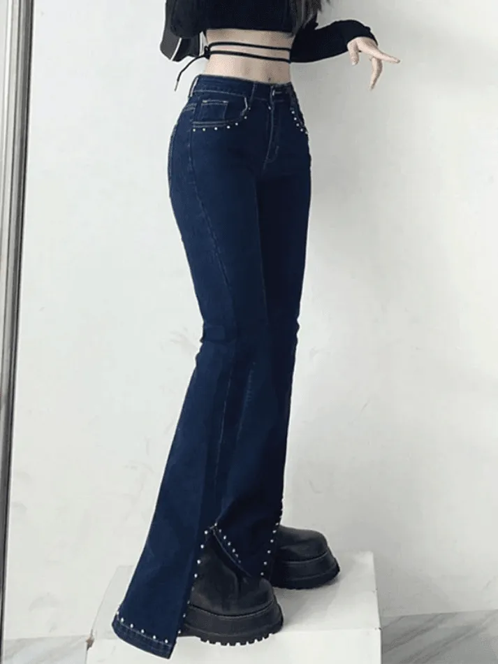 Split flared jeans with Y2K pearls sold by Streetwear Society product image thumbnail 2