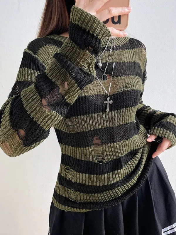 Grunge Distressed Striped Sweater sold by Streetwear Society