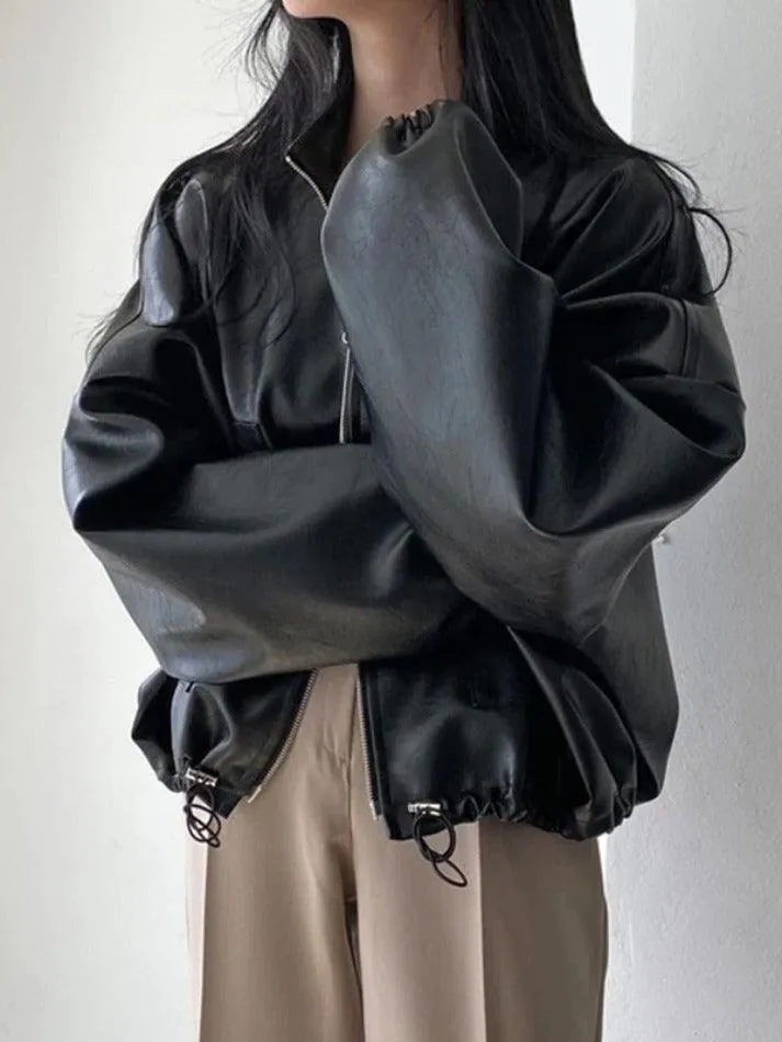 Solid Big Pocket Drawstring Collar Neck Leather Jacket sold by Streetwear Society product image thumbnail 2