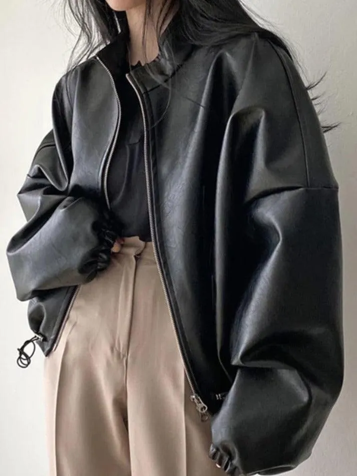 Solid Big Pocket Drawstring Collar Neck Leather Jacket sold by Streetwear Society product image thumbnail 4