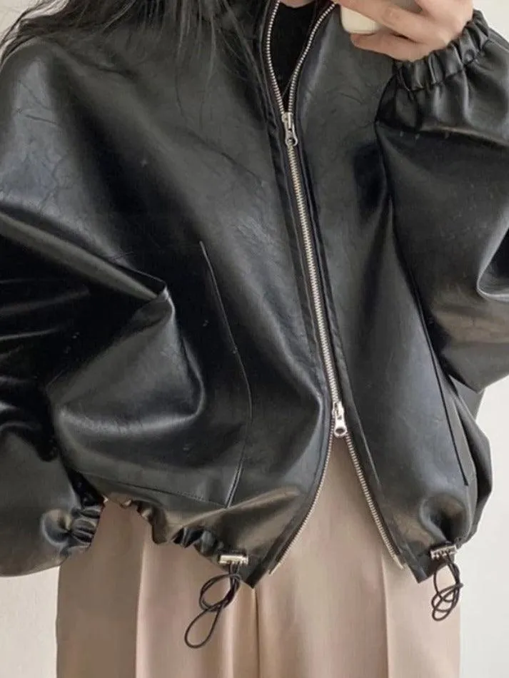 Solid Big Pocket Drawstring Collar Neck Leather Jacket sold by Streetwear Society product image thumbnail 3