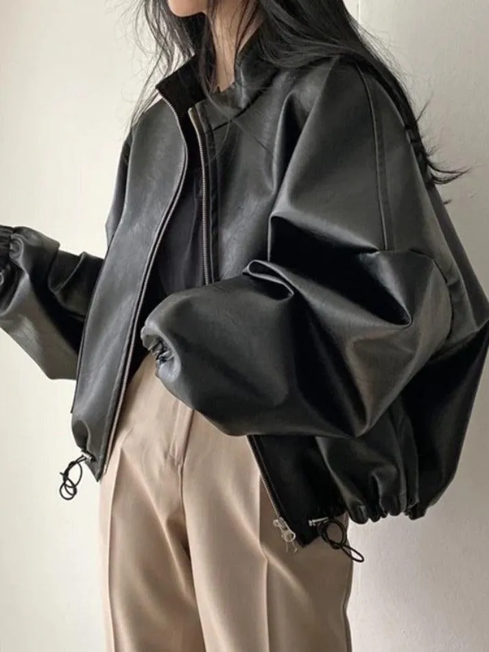 Solid Big Pocket Drawstring Collar Neck Leather Jacket sold by Streetwear Society