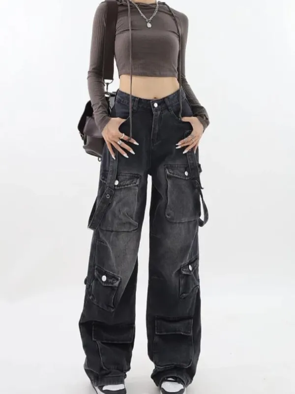 Y2K Belted Dark Wash Cargo Jeans sold by Streetwear Society