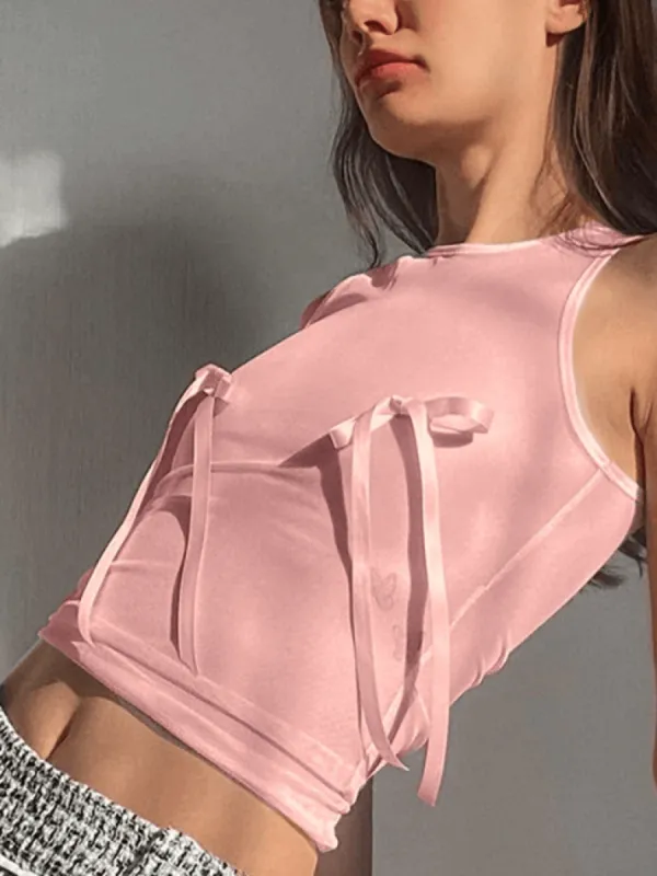 Sheer Mesh Bow Pink Tank Top sold by Streetwear Society
