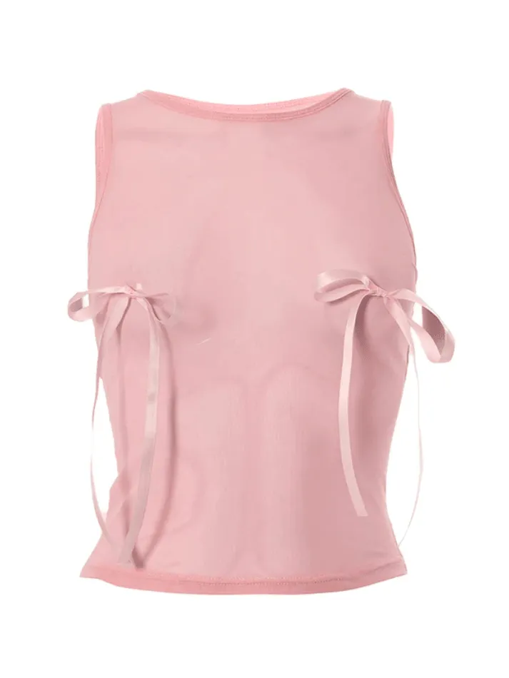 Sheer Mesh Bow Pink Tank Top sold by Streetwear Society product image thumbnail 4