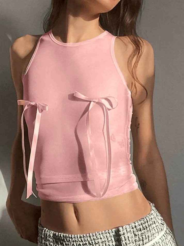 Sheer Mesh Bow Pink Tank Top sold by Streetwear Society product image thumbnail 3