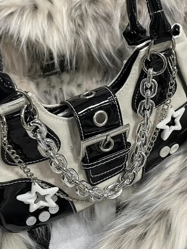Star Chain Embellished Patchwork Buckle Shoulder Bag sold by Streetwear Society product image thumbnail 2
