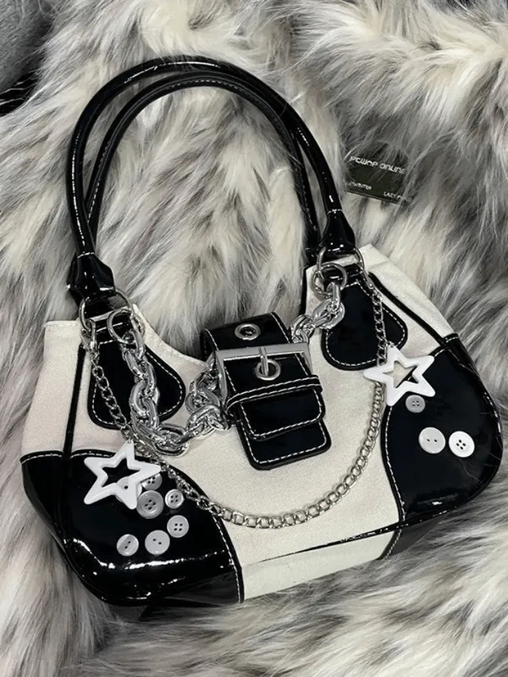 Star Chain Embellished Patchwork Buckle Shoulder Bag sold by Streetwear Society