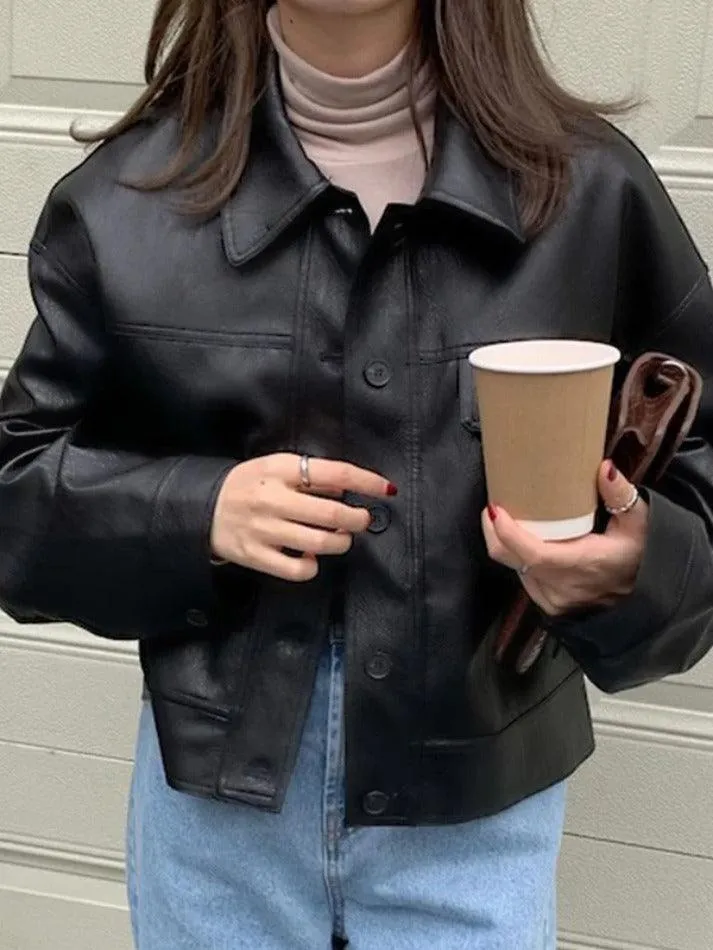 Vintage Lapel Neck Pocket Loose Short Leather Jacket sold by Streetwear Society