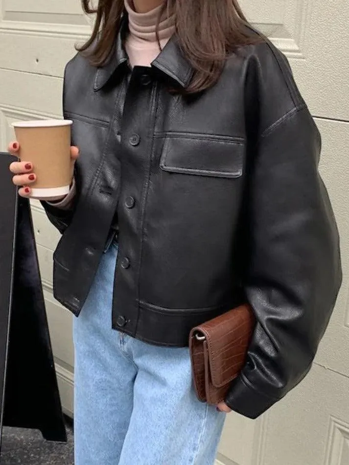 Vintage Lapel Neck Pocket Loose Short Leather Jacket sold by Streetwear Society product image thumbnail 4