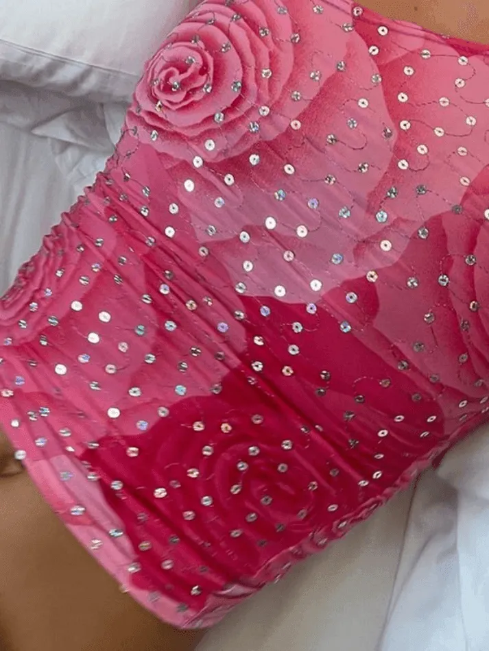 Sequin One Shoulder Floral Crop Tank Top sold by Streetwear Society product image thumbnail 4