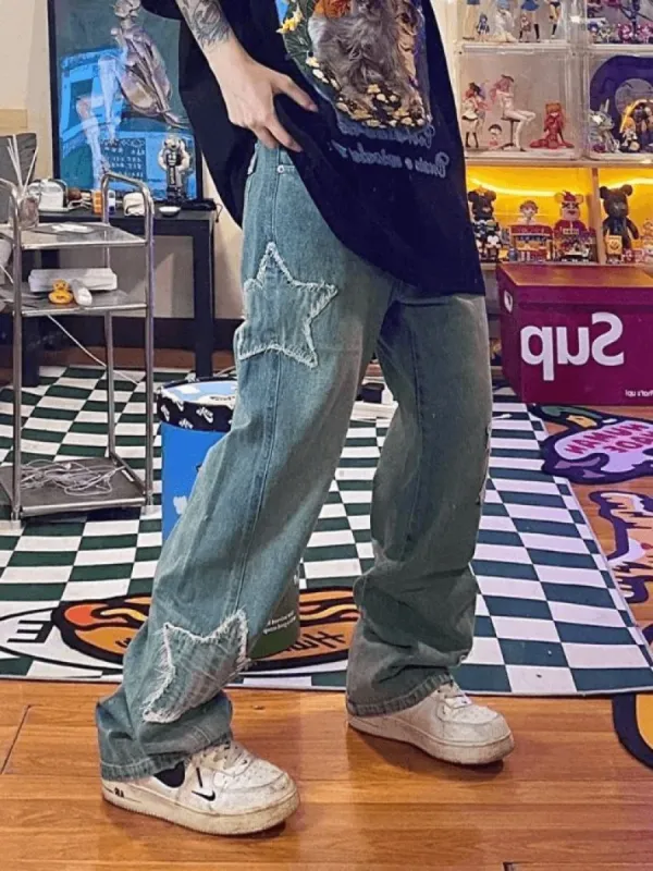 Faded blue star patch boyfriend jeans sold by Streetwear Society
