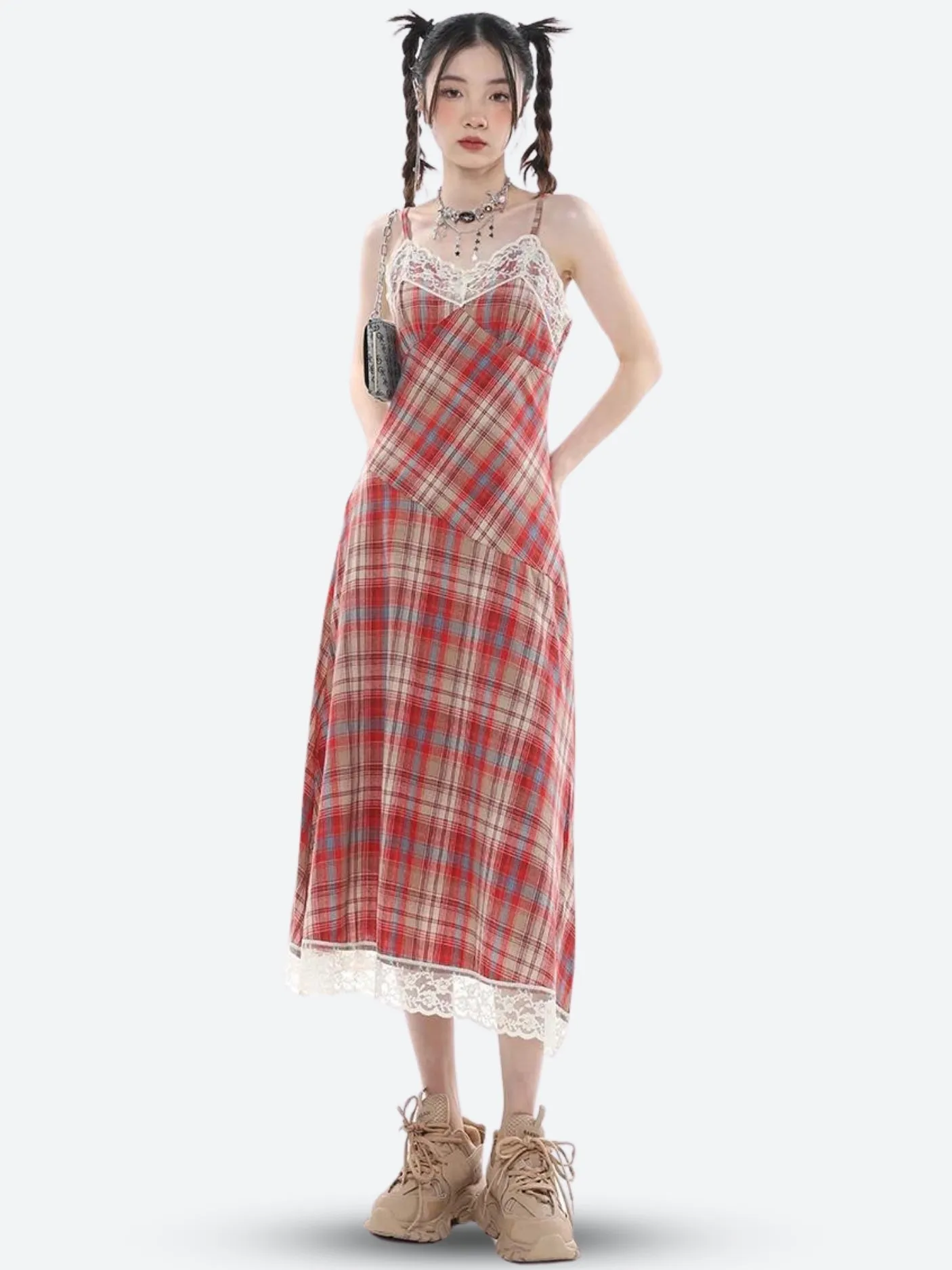 Plaid Lace Midi Dress sold by Streetwear Society product image thumbnail 4