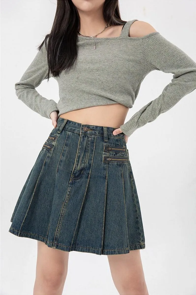 Pleated Denim Mini Skirt sold by Streetwear Society