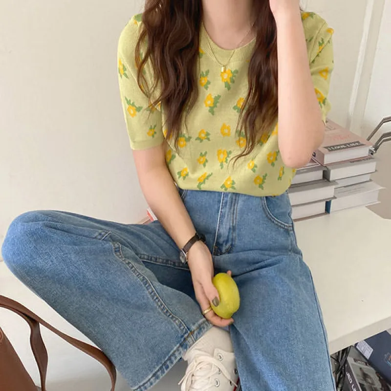 Cottagecore Floral Knit T-Shirt sold by Streetwear Society