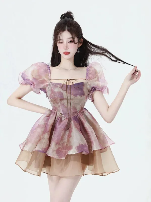 Soft Girl Puff Sleeve Layered Mini Dress sold by Streetwear Society
