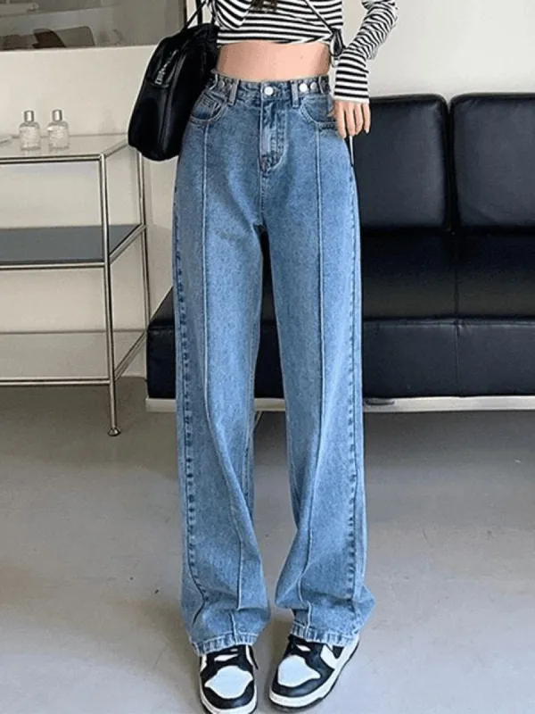 Blue boyfriend jeans with stitching details sold by Streetwear Society
